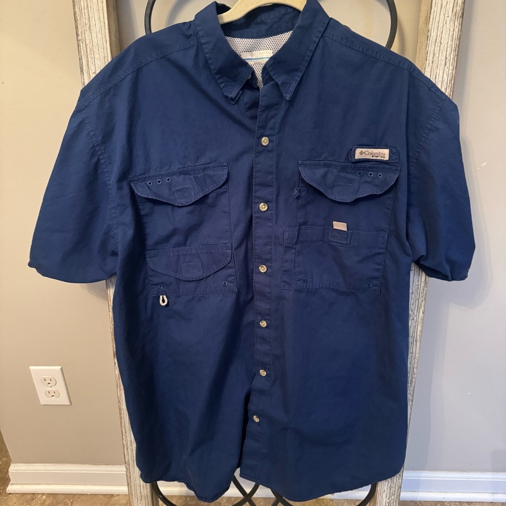 Columbia PFG Bonehead Short Sleeve‎ Fishing Shirt Blue L Button Up